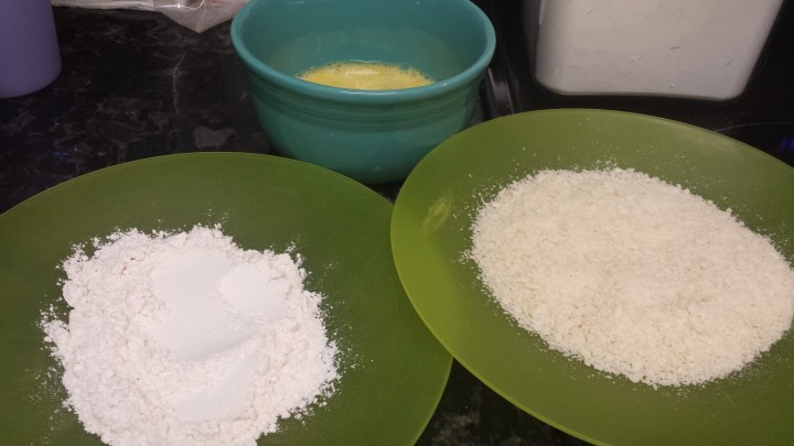 Here is my breading setup. I line all the bowls and plates up together to make the breading process faster and easier. It also helps to have an extra pair of hands.